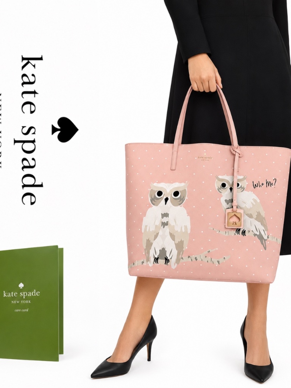Retired Kate Spade New York “Who Me?” owl tote with Care Card. - Picture 2 of 12